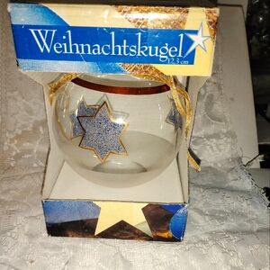 Weihnachtskugel mouth blown glass ornament blue star and gold trim handpainted
